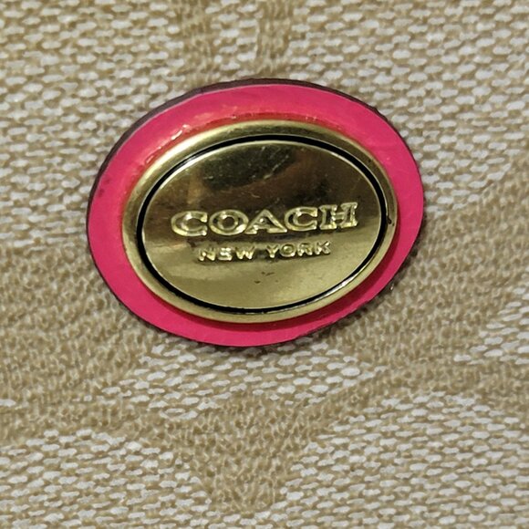 COACH Signature Canvas Wristlet Khaki Pink Zip Wallet Gold Hardware - Picture 2 of 10